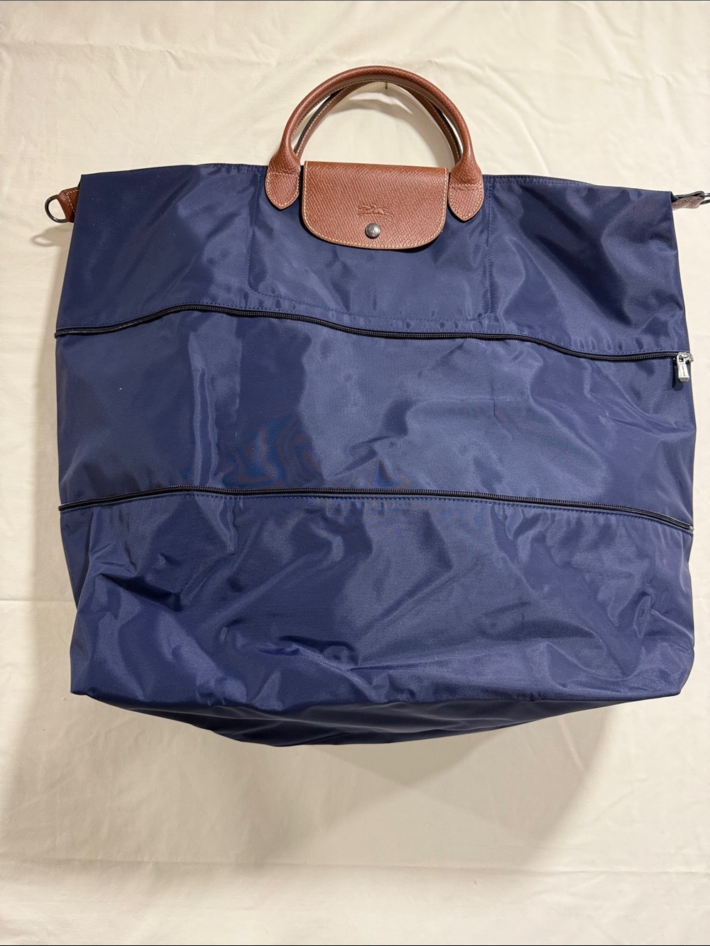 Longchamp Le Pliage Navy Expandable Travel Bag Brown Leather Trim
